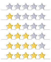 Product quality rating or customer review with stars from continuous line vector illustration. Assessment linear symbols for critic feedback service, evaluation survey, digital app isolated on white.