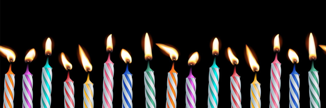 3d realistic colorful candles for birthday cake, holiday candles with burning flames horizontal seamless illustration isolated on black background