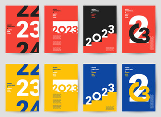 Creative concept of 2023 Happy New Year poster. Design templates with typography logo 2023. Posters in two colors black, red and yellow, blue. Vector illustration.