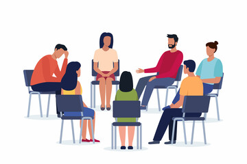 Obraz na płótnie Canvas Group psychotherapy. Persons sitting in circle and talking. People meeting. Psychotherapy training, business lecture or conference. Man woman support group. Vector illustration.