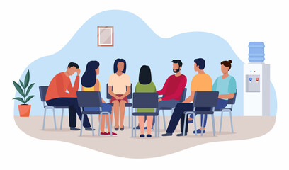 Group psychotherapy. Persons sitting in circle and talking. People meeting. Psychotherapy training, business lecture or conference. Man woman support group. Vector illustration.