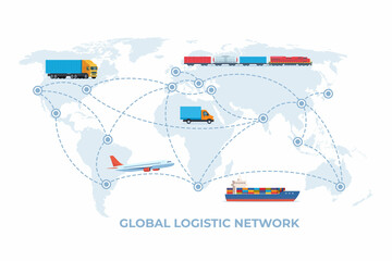 Cargo logistics transportation concept. Global logistic network. Cargo plane, ship, train, truck transport on a background of the world map. Import, export. Global freight transportation. Vector.