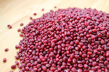 Pile of Dried Adzuki Red Beans on Wooden Table
