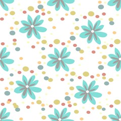 Turquoise daisy vector seamless repeat pattern with polka dots