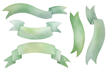 Green Watercolor ribbon banner set with copy space. Cutout element for St. Patricks day design or invitations for your holiday