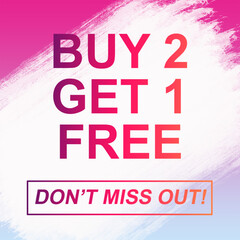 Shop now, buy 2 get 1 free, don't miss it! seasonal sale Artistic gradient hologram white brush strokes acrylic paint on beautiful pastel background illustration