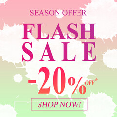 shop now season offer flash sale 20% off gradient hologram label over white brush art strokes acrylic paint on pastel background illustration