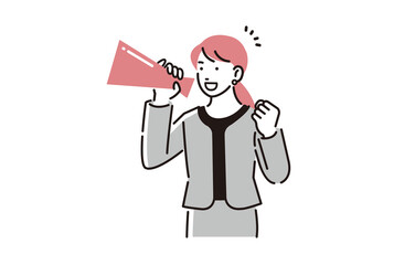 メガホンを持って応援するビジネスパーソン女性