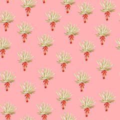 Pastel palm tree drawing on pink seamless pattern.