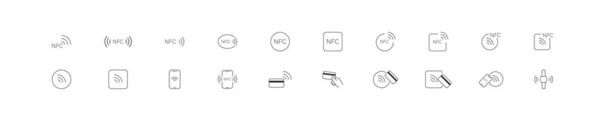 NFC payment set icons. NFC technology icon. Wireless payment symbol collection, credit card tap pay. Vector flat isolated line
