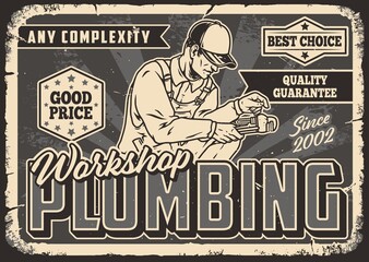 Plumbing workshop monochrome scraped poster