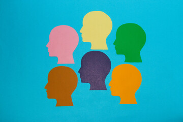 six colorful heads, template designer to add various items to the head, creative mind concept