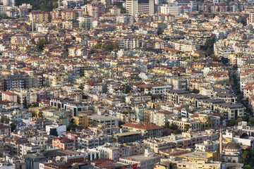 Turkey, Alanya, 30.08.2021: The city of Alanya (Turkey) from a bird's eye view. Densely populated city from above. Travel to Turkey.