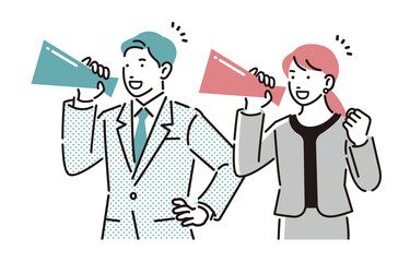 メガホンを持って応援するビジネスパーソン男女