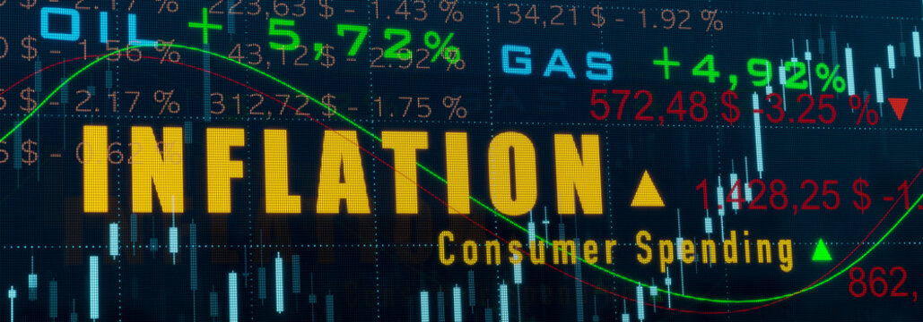 Rising Inflation and consumer spending. Screen with financial datas, increased oil and gas prices, charts and diagrams. Rising consumer spending, energy prices and inflation concept. 3D illustration