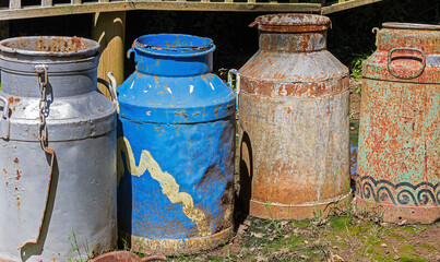 Old painted milk urns in a row.