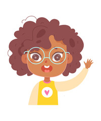 Kid with hand up, girl in glasses waving for friends, standing and giving 5, raising arm