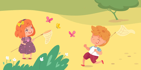Kids catch butterfly with net, brother and sister or friends run through green meadow