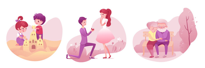 Love and relationship of two people at different ages set, old and young couple on date