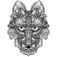 Wolf abstract illustration. Doodle printable and coloring book. Creative animal vector file.Detailed Wolf in Aztec style