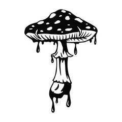 Dripping Mushroom Amanita  Psychedelic Sticker T-shirt Design Graphic Cut File Clipart Vector.Wild muscimol mushroom Amanita muscaria with dots on the cap (fly agaric, fly amanita).Black and white art