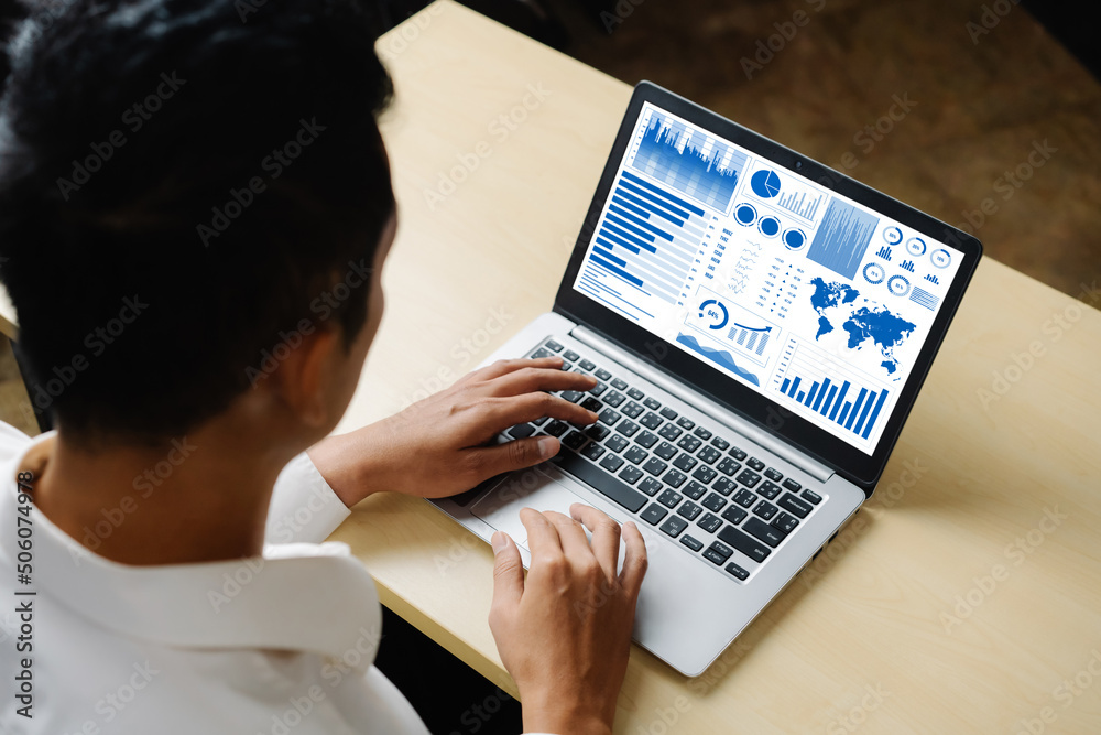 Poster business data dashboard analysis by ingenious computer software . investment application display bus