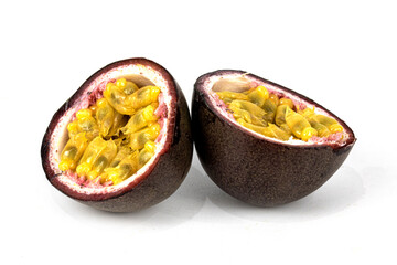 Superior Quality Fresh Passion Fruit, cut, isolated in white background, macro details, studio lighting, seeds, no-one 
