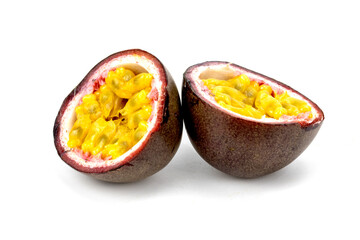 Superior Quality Fresh Passion Fruit, cut, isolated in white background, macro details, studio lighting, seeds, no-one 