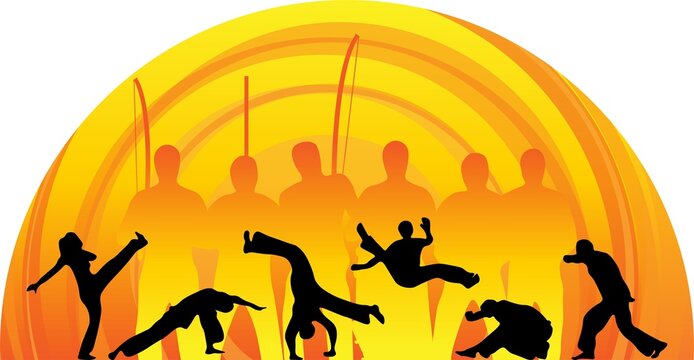 Dance silhouettes at sunset, capoeira and Brazilian cultural performance vector background for festival poster, music event and banner design