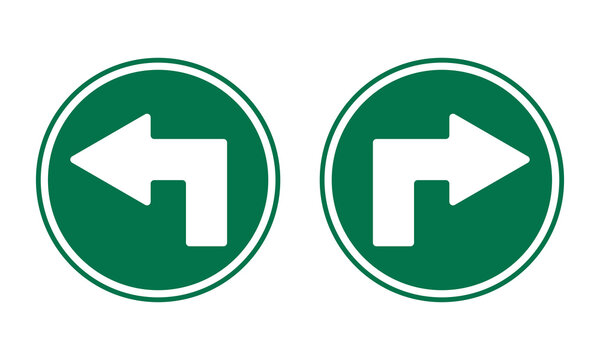 Bundle Set Of White Arrow And Round Green Right And Left Direction Turning Traffic Sign Isolated Vector