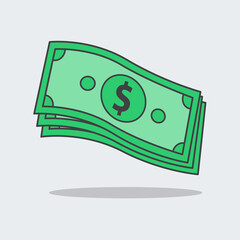 Money Cartoon Vector Illustration. Flying Dollar Flat Icon Outline