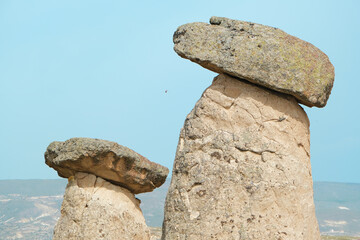 Cappadocia, close up and selective focus view of special stones local name called peri bacalari which is one of UNESCO World Heritage Site of Turkey Cappadocia