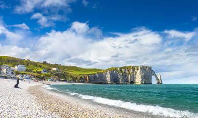 Picturesque panoramic landscape on the cliffs of Etretat. Natural amazing cliffs. Etretat,...