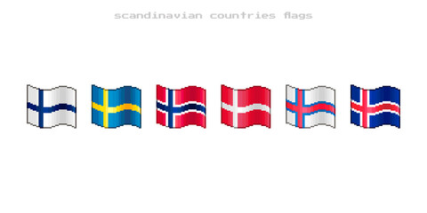 colorful simple vector flat pixel art set of flowing flags of scandinavian countries and Faroe Islands