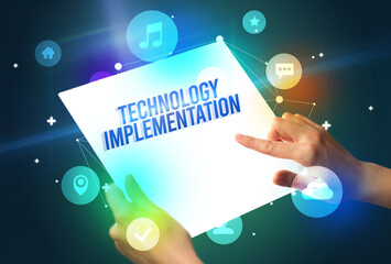 Holding futuristic tablet, new media concept