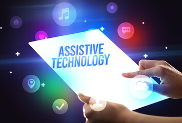 Holding futuristic tablet, new media concept