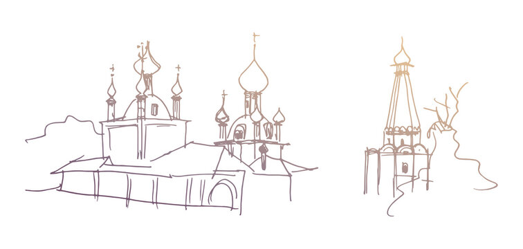 Church in the ancient Russian style with onion domes and a bell tower with a hipped roof. Gold colored vector traced linear ink and pen sketch
