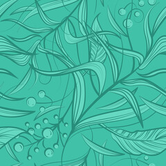 Floral seamless pattern with mint green flowers, leaf, berries. Vector line art for luxury invitation design, fashion, textile, greeting cards, gift wrapping paper, scrapbooking. Green background