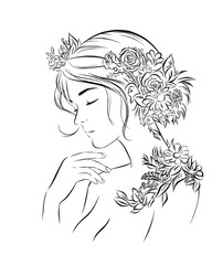 girl face long hair portrait isolated on white background. hand drawn vector illustration line art