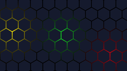 Abstract hexagonal metal background with red green and yellow light. grey and red hexagons modern background, background shapes, illustration, vector