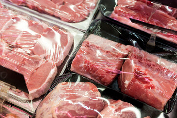 Raw fresh meat, beef or pork in supermarket