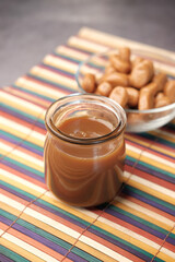  caramel chocolate bar and liquid on table top view 