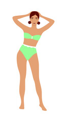 Beautiful young woman in a green mint swimsuit on a white background