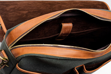 Detailed leather bag with canvas combination. Brown leather gray combination bag. - Powered by Adobe