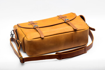 Classic brown leather bag with white background isolation. Men's Leather Bag.