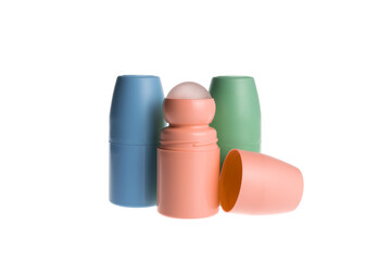 Antiperspirant deodorant roll-on bottles  in assortment. Object isolated on white background.