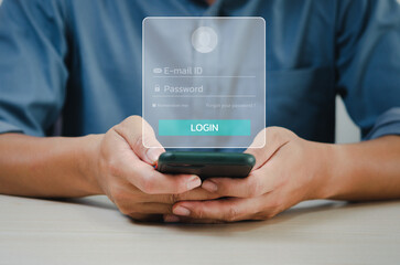 man using smartphone login password or email virtual screen concept technology.