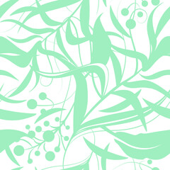 Green and white floral seamless pattern with silhouettes of flowers, leaf, berries. Vector line art for luxury invitation design, fashion, textile, greeting cards, gift wrapping paper, scrapbooking