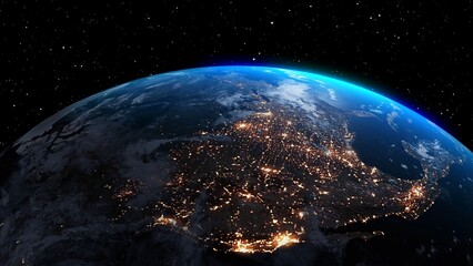 Planet earth with realistic geography surface and orbital 3D cloud atmosphere . Outer space view of world globe sphere of continents . 3D rendering graphic . Elements of this image furnished by NASA . © InfiniteFlow