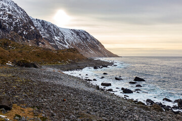 Fototapeta na wymiar Snowy landscape near Eggum at Lofoten Islands in Norway